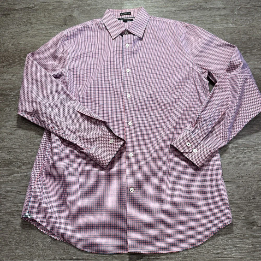 Banana‎ Republic Shirt Men Medium Red Blue Cotton Gingham Office Preppy Classy